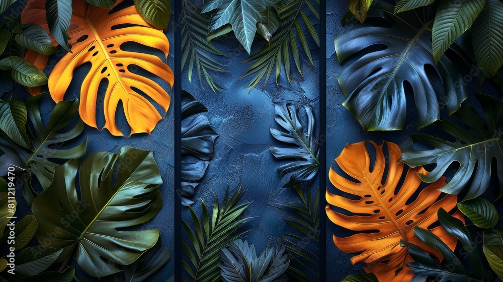 Vibrant Tropical Palm Leaves on Textured Blue Background, Ideal for Summer and Nature Themes Vibrant Tropical Palm Leaves on Textured Blue Background, Ideal for Summer and Nature Themes