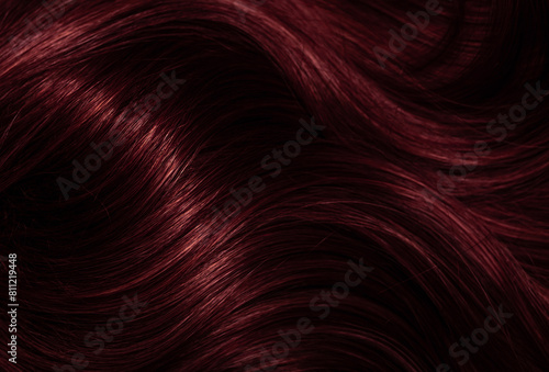 Dark red hair close-up as a background. Women s long brown hair. Beautifully styled wavy shiny curls. Coloring hair with bright shades. Hairdressing procedures  extension.