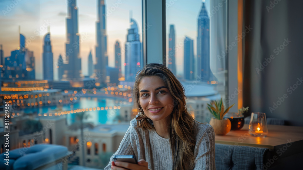 Fototapeta premium Woman sitting in a cafe, she smiling at her phone that holding in her hand, Dubai skyline view behind her. Generative AI.