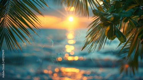 Tropical Sunset Through Palm Leaves: A Serene Beach View with Golden Sunlight