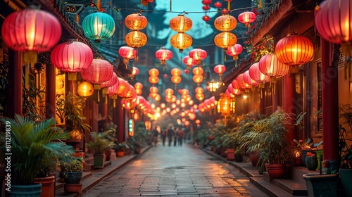 Colorful Chinese New Year Lanterns Illuminating an Old Town Street at Dusk
