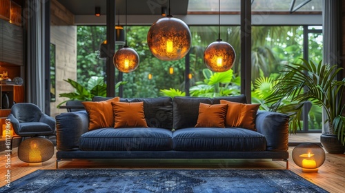 A living room with a blue couch and two lamps, AI © starush