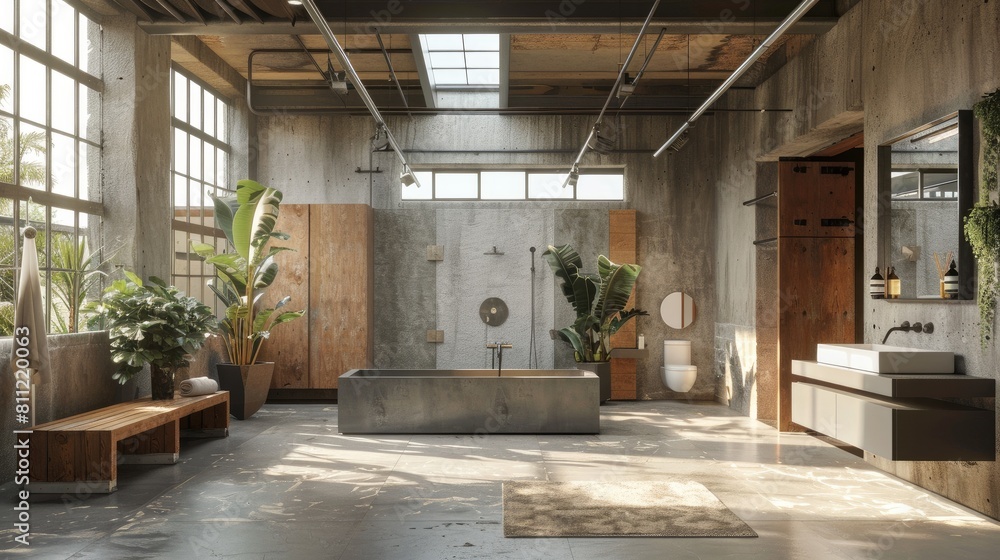 Brutalist interior design. Interior of modern bathroom with wooden walls, concrete floor, comfortable bathtub and green plants.