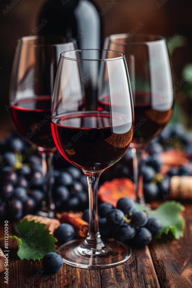Three glasses of wine sit on a table with grapes and leaves, AI Three glasses of wine sit on a table with grapes and leaves, AI