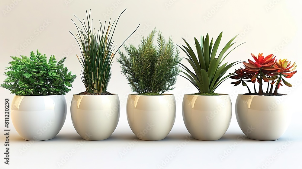 Photo of different kinds of decorative plants in pots on a white background.