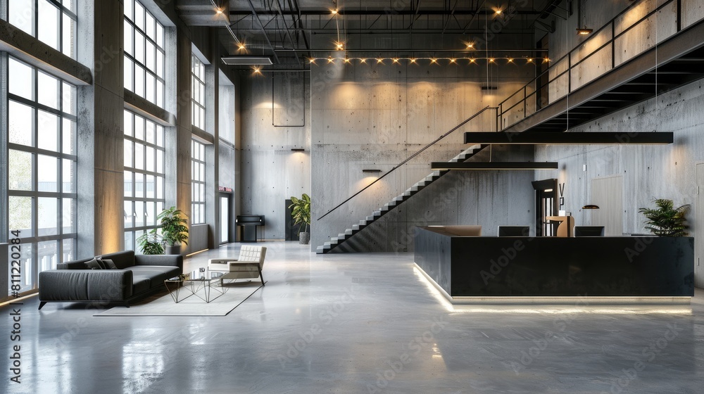 Fototapeta premium Brutalist interior design. Interior of modern office with reception desk and black leather sofa.