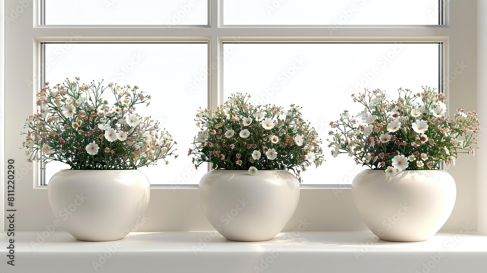 Three white ceramic pots with white and pink flowers sit on a white window sill