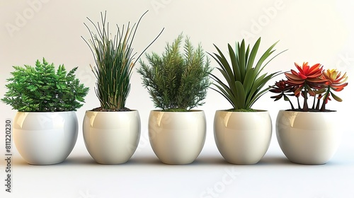 Photo of different kinds of decorative plants in pots on a white background.