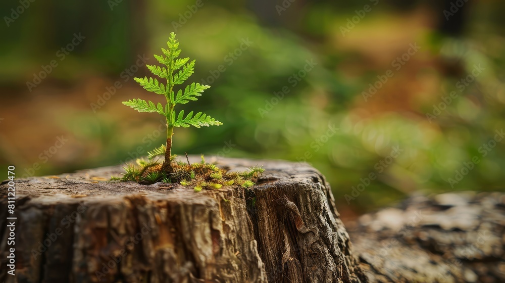 Detailed close-up of a new tree beginning its life from an old, weathered stump, illustrating the enduring process of natural regeneration and life continuation Detailed close-up of a new tree beginning its life from an old, weathered stump, illustrating the enduring process of natural regeneration and life continuation
