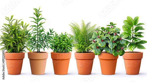 Set of green house plants, flowers and trees in pots for decoration