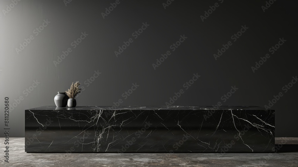 Obraz premium Elegant and simple black marble countertop on an empty table, showcased against a seamless black wall backdrop