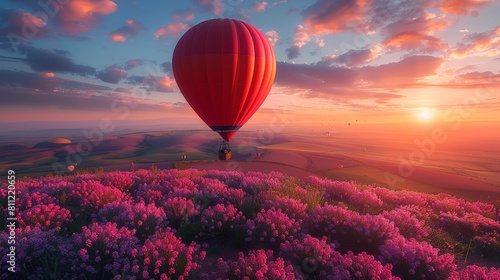 Breathtaking Hot Air Balloon Flight Over Vibrant Blooming Fields at Sunset