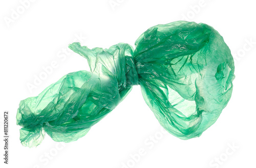 Green crumpled, ragged nylon piece flying, isolated on white, clipping path