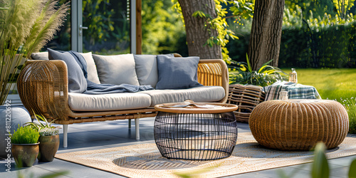 Elegant garden furniture on terrace of suburban home Idea de dissent de terrazzo con jugo de mumbles de Jardim de rattan. Modern Patio Perfection -A Fusion of Innovative Design and Sleek Furniture. photo