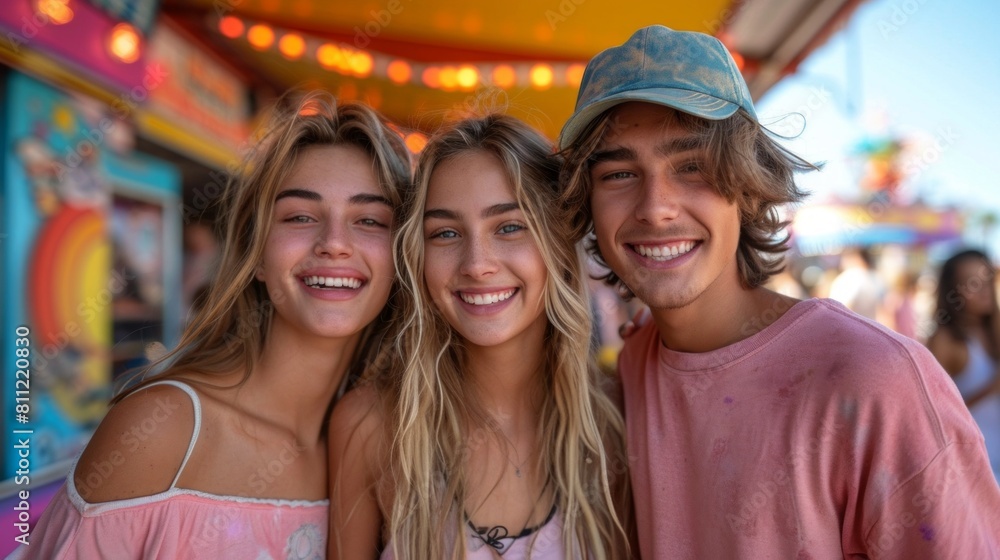 Joyful Teens Enjoying Summer Day at Amusement Park, Smiling Positively for Photo Joyful Teens Enjoying Summer Day at Amusement Park, Smiling Positively for Photo
