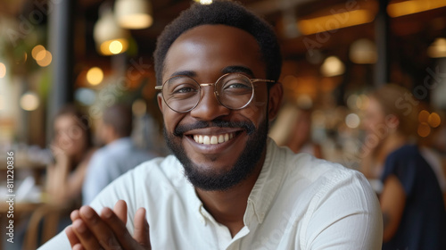 Happy African American Man Smiling in Busy Cafe, Casual Greeting at Multicultural Workplace