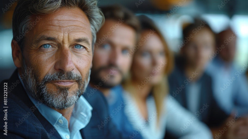 Confident Mature Caucasian Businessman Leading a Diverse Team in a Modern Office Setting Confident Mature Caucasian Businessman Leading a Diverse Team in a Modern Office Setting
