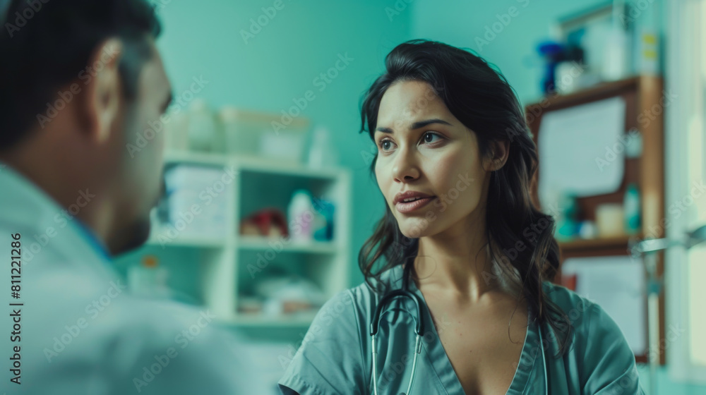 Photo of a woman speaking with her surgeon in a brightly lit doctor's office, the wall color is light teal Photo of a woman speaking with her surgeon in a brightly lit doctor's office, the wall color is light teal