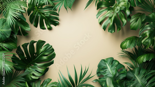 Tropical leaves background, presentation design, green monstera and palm leaves framing a beige background, exotic jungle summer concept with space for copy text