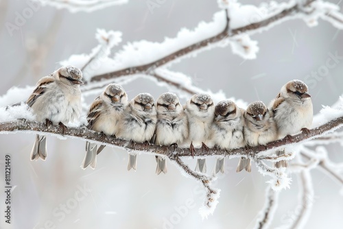 Multiple birds perched closely together on a snow-covered branch in winter, A group of birds huddled together on a frost-covered branch