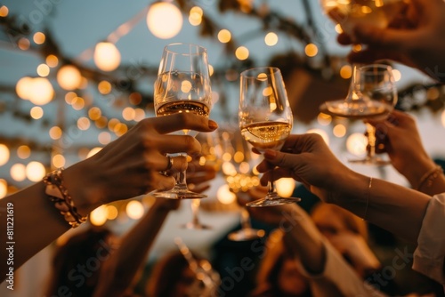 Group of professionals celebrating on a rooftop  raising wine glasses in a toast  A group of business people at a rooftop party  raising glasses in celebration