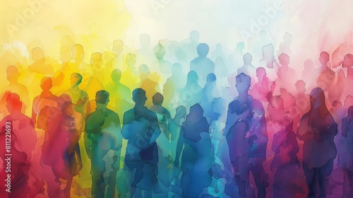 multicolored crowd top view, multicultural silhouettes of people spectrum rainbow watercolor style, light poster society, world hyper realistic  #811221693