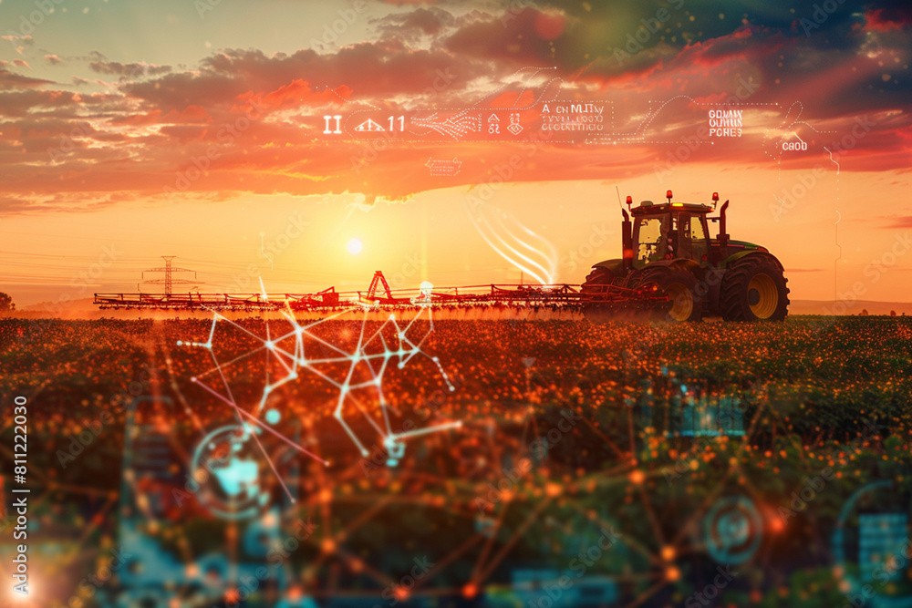 Fototapeta premium Tractor spraying or harvesting agricultural crops at sunset There is infographic information overlaid on the image.