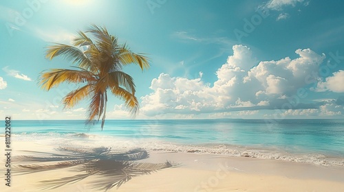 beach paradise with swaying palm trees lining the shore under a bright summer sky