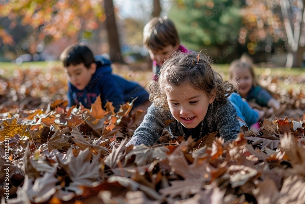 Group of children joyfully playing and jumping in a large pile of fallen leaves on the ground, A group of children playing in a pile of fallen leaves, enjoying the simple joys of the season Group of children joyfully playing and jumping in a large pile of fallen leaves on the ground, A group of children playing in a pile of fallen leaves, enjoying the simple joys of the season