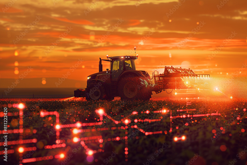 Fototapeta premium Tractor spraying or harvesting agricultural crops at sunset There is infographic information overlaid on the image.