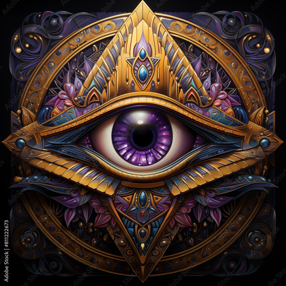 painting of an eye with a gold frame and a purple eye