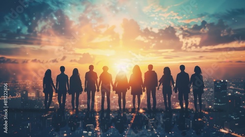 work charity volunteer together hands standing team business background city modern people business silhouette together hand join business teamwork panoramic exposure double. corona hyper realistic 