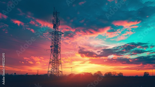 A silhouette of a signal tower at sunset, with vibrant colors painting the sky, symbolizing the vital role of telecommunications in modern life.