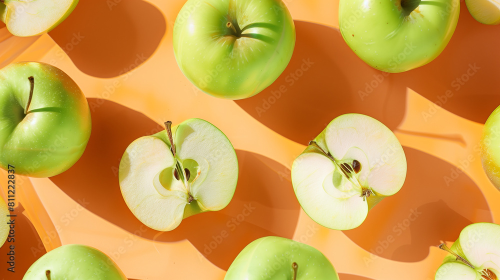 A crisp green apple resting on an orange background, captured in a minimal concept photography style. Soft light and high key lighting evoke a fresh and invigorating atmosphere, complemented by the vi A crisp green apple resting on an orange background, captured in a minimal concept photography style. Soft light and high key lighting evoke a fresh and invigorating atmosphere, complemented by the vi