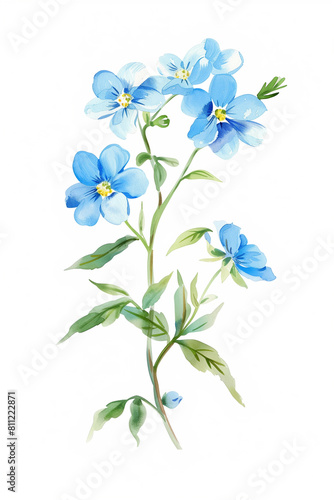 there is a painting of a blue flower with green leaves