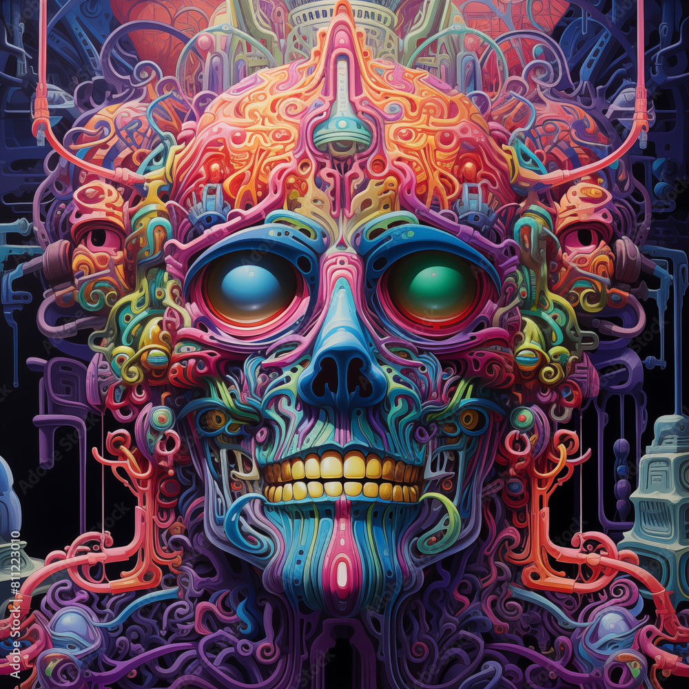 a close up of a painting of a skull with a lot of colorful designs