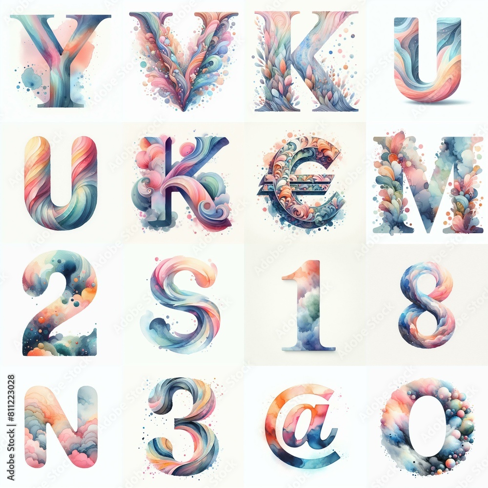 Watercolor pastel Lettering Typeface. AI generated illustration