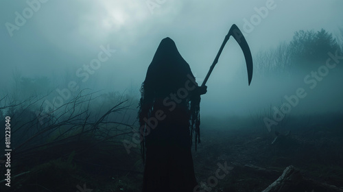 arafed person in a black robe holding a scythe in a foggy forest photo