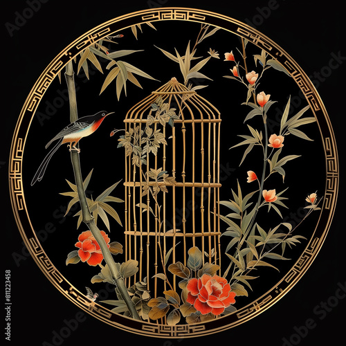 there is a bird in a cage with flowers and bamboos photo