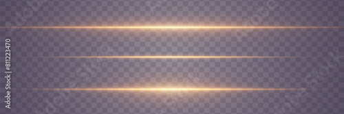 Golden horizontal highlights. Laser beams of light. Glowing lines effect. On a transparent background.	