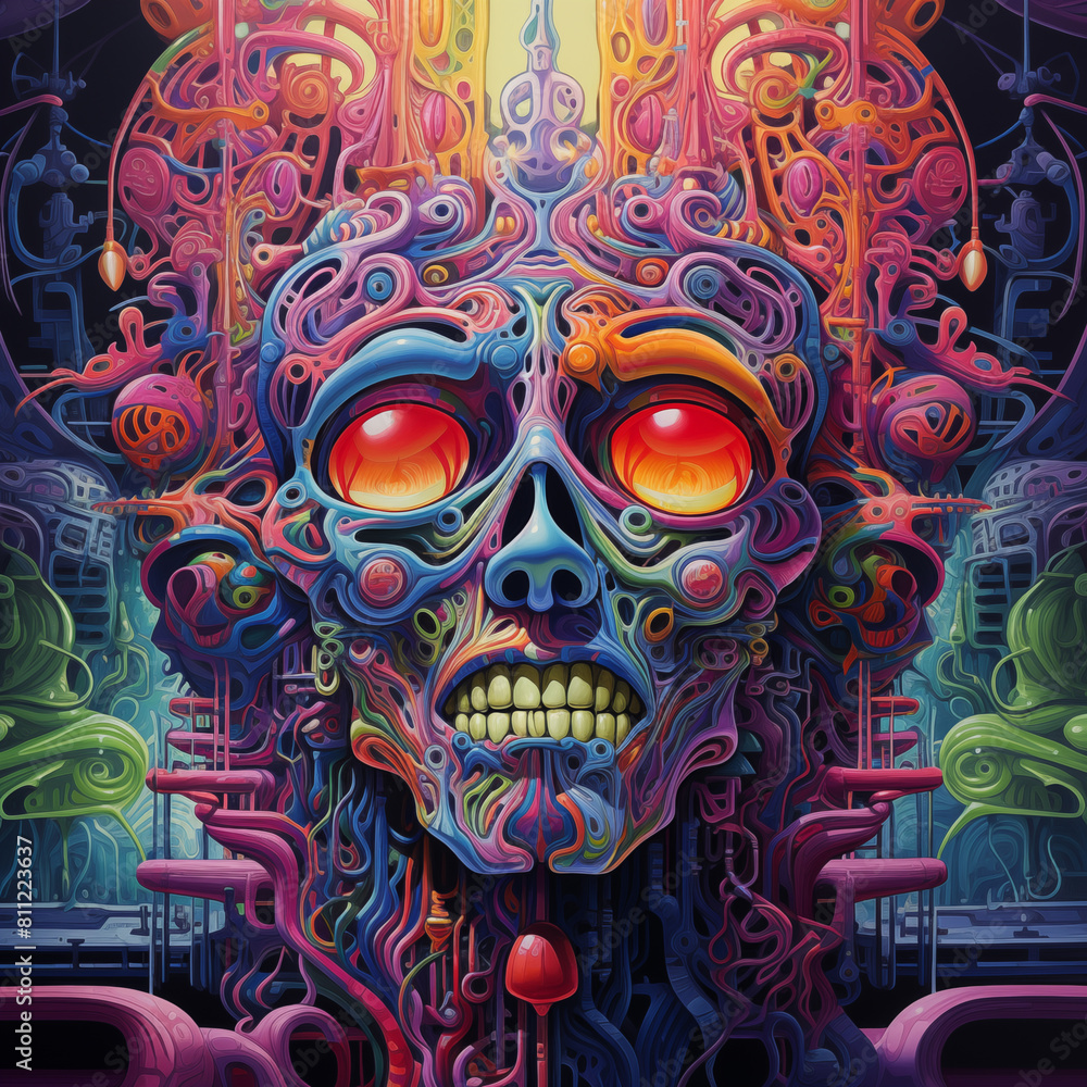 brightly colored painting of a skull with a brain and a lot of wires