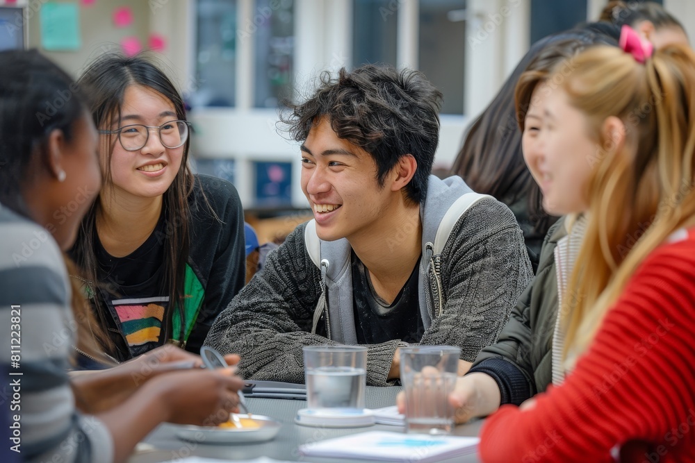 A group of young people of different ethnicities and genders are sitting and engaged in conversation around a table, A group of diverse students engaged in a lively discussion A group of young people of different ethnicities and genders are sitting and engaged in conversation around a table, A group of diverse students engaged in a lively discussion