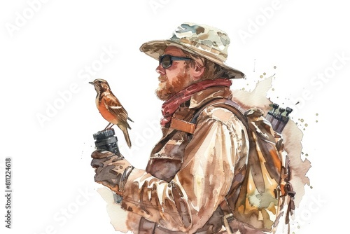 Watercolor Portrait of Rugged Wildlife Biologist Exploring Nature on Field Research Expedition