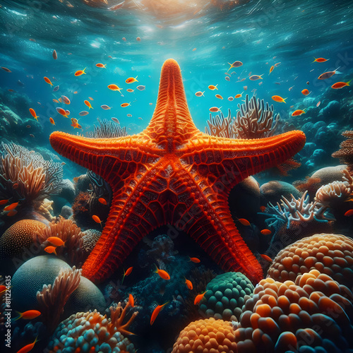 Serene aquatic beauty a sevenday journey into the oceans depths with a captivating starfish,Oceanic dreamscape a weeklong immersion in the calming blue world with a starfish,Starfish on a coral reef

 photo
