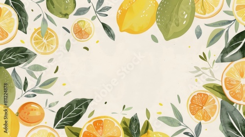 Whimsical Hand-Drawn Citrus Fruit Wallpaper with Textured Paper Background and Empty Central Zone for Personalization photo