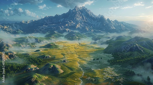 Spectacular mountains and open grasslands  rich natural terrain landscapes  aerial view of the overall feeling of a fantasy world. Generative AI.