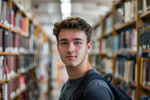 Young Scholarly Male Student Surrounded by Books in the Library © Mickey