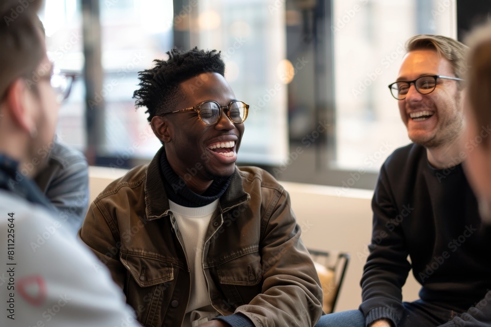 A group of men, likely entrepreneurs, sitting in close proximity, engaged in lively conversation and laughter, A group of entrepreneurs laughing together at a joke during a meeting A group of men, likely entrepreneurs, sitting in close proximity, engaged in lively conversation and laughter, A group of entrepreneurs laughing together at a joke during a meeting