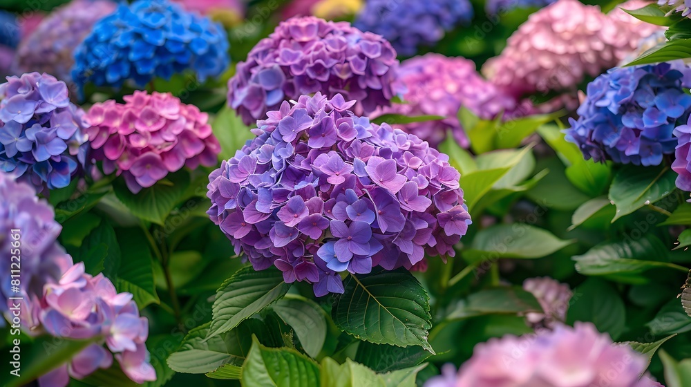 Vibrant hydrangea blooms in lush garden setting. Colorful floral photography, perfect for nature themes. Ideal for spring and summer backdrops. AI Vibrant hydrangea blooms in lush garden setting. Colorful floral photography, perfect for nature themes. Ideal for spring and summer backdrops. AI