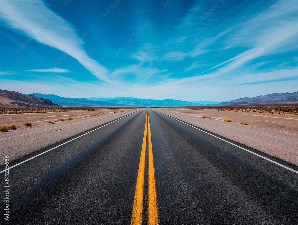 there is a long road with a yellow line going through the middle Stock ...